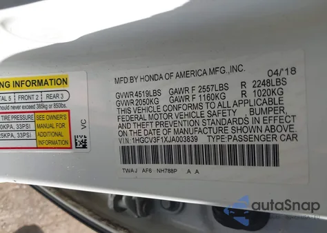 2018 Honda Accord Hybrid из США, поврежденный, VIN 1HGCV3F1XJA003839